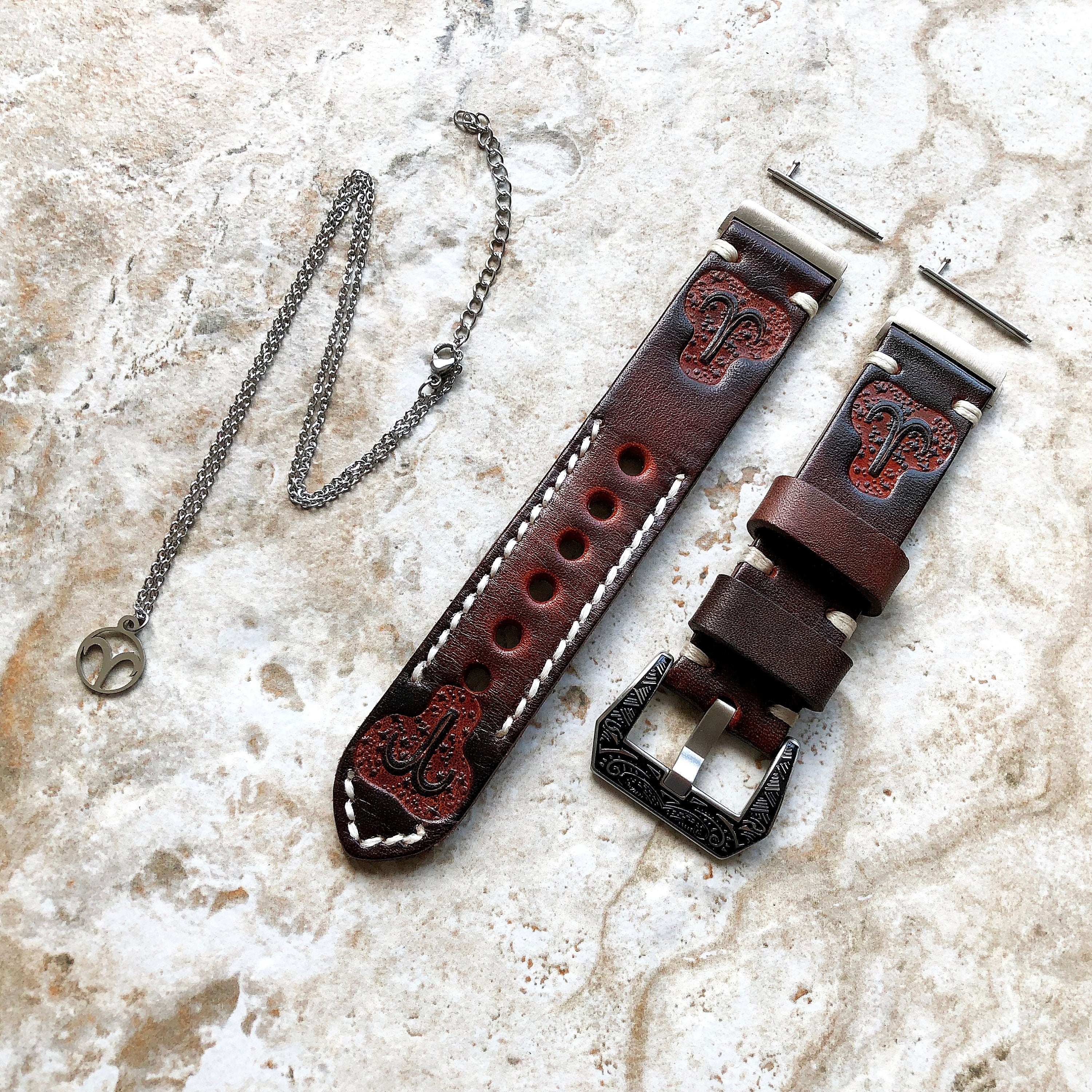 Fitbit Versa 2 3 4 Sense 2 Aries Zodiac Set Band Strap Brown Tooled Embossed Leather in Silver Rose Gold Black and 25" Pendants Necklace